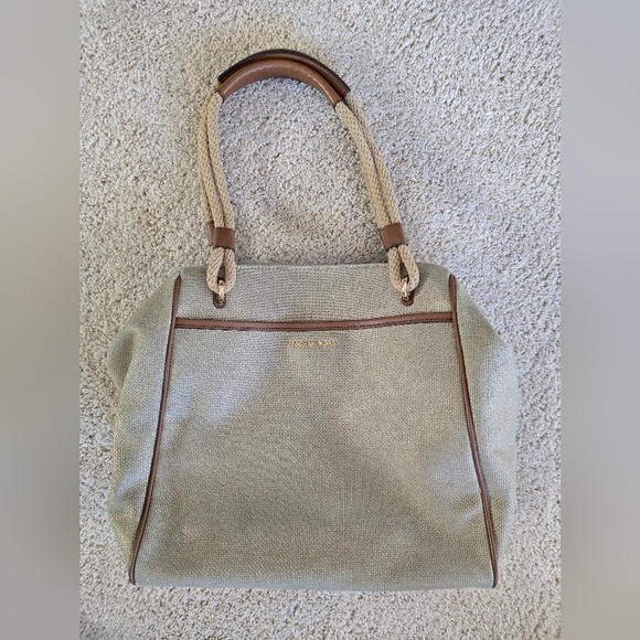 Michael Kors Large Purse Beige With Slight Shimmer Rope Handle Canvas Handbag - Picture 2 of 16